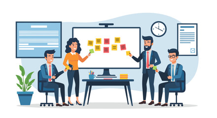 Collaborative Business Team Brainstorming Ideas on Whiteboard with Sticky Notes