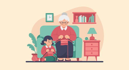 Grandmother and Granddaughter Knitting Together in Cozy Home Setting