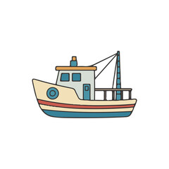Obraz premium A charming cartoon illustration depicting a small fishing boat with a cabin and rigging.