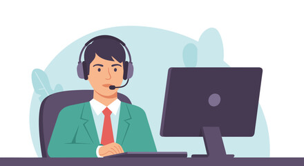 Friendly Customer Service Representative with Headset and Computer Ready to Assist