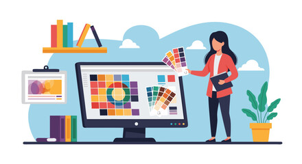 Graphic Designer Presenting Color Palettes and Design Concepts on Computer Screen