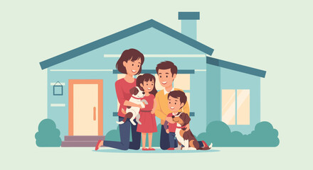 Happy Family Posing with Two Dogs in Front of Their Home