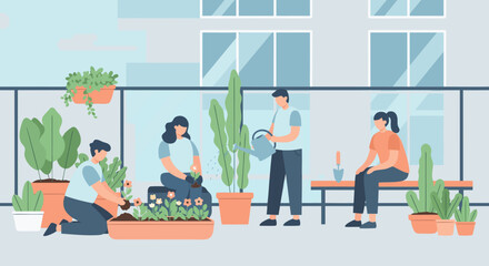 Group of People Gardening Together on a Rooftop Balcony with Plants