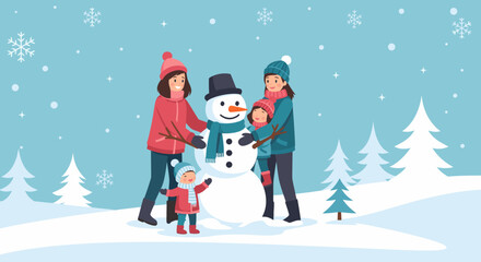 Joyful Family Building a Snowman on a Snowy Winter Day