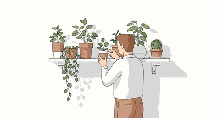 Man tending potted plants on shelf with cactus and trailing greenery