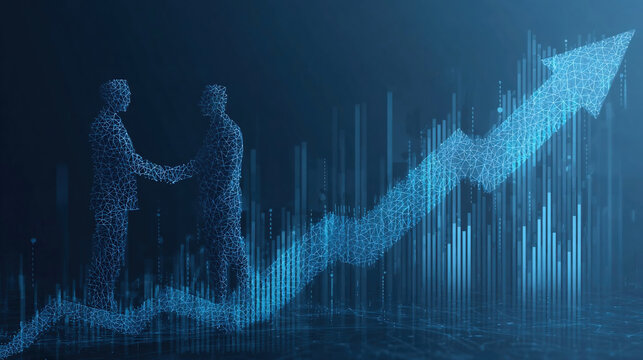 Chart graph with up arrow hologram and businessmen handshake on technology background. Rise chart bar. Stock market or growth business concept.