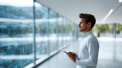 A professional man in smart attire interacts with a virtual data display, symbolizing digital transformation and business innovation. The sleek office environment highlights advanced technology trends - Powered by Adobe
