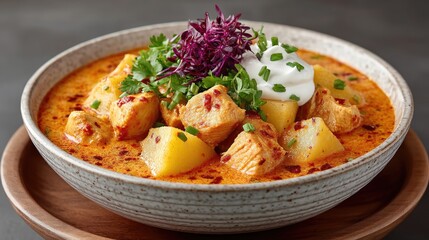 Delicious Chicken Curry With Potatoes Garnished With Red Cabbage And Cilantro Served In A Bowl With Creamy Yogurt On Top