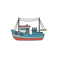Obraz premium A simple, colorful illustration of a blue and red fishing boat with a white cabin and two smokestacks, depicted against a plain background.