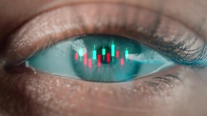 Close up of human eye with candlestick chart reflection, trader vision of financial market, forex and BTC ETH cryptocurrency trading, stock exchange, investment and digital finance concept - Powered by Adobe