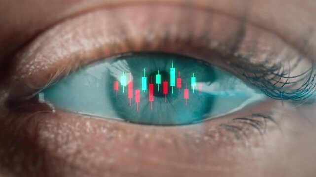 Close up of human eye with candlestick chart reflection, trader vision of financial market, forex and BTC ETH cryptocurrency trading, stock exchange, investment and digital finance concept