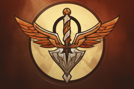 Stylized emblem featuring a sword piercing a shield with outstretched wings, symbolizing courage, defense, and freedom
