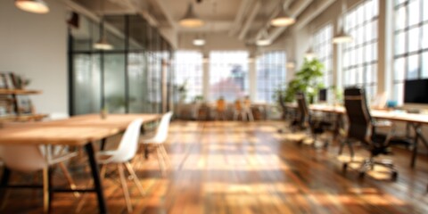 A modern, spacious office interior filled with natural light, featuring wooden floors, plants, and contemporary furniture.