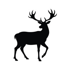 Silhouette of majestic stag with prominent antlers standing on white background, deer with antlers silhouette vector illustration