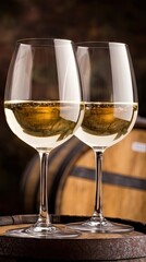 Two elegant glasses of refreshing white wine resting on an aged barrel, perfect for a rustic outdoor gathering or a cozy evening