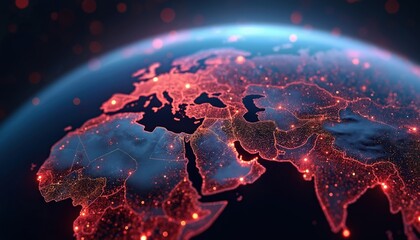 Digital globe shows glowing red network connections across Europe, Africa and Asia continents. Abstract planet earth with data lines and bright lights over landmasses. Future tech concept.
