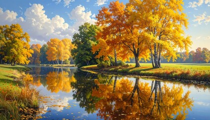 A serene landscape, showcasing vibrant autumn foliage, reflected in calm waters. The sky is bright with puffy clouds