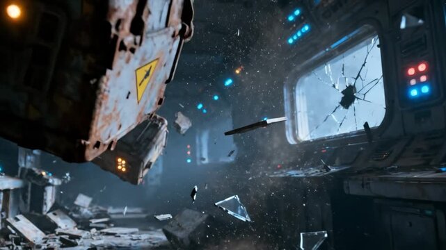 Gritty Sci-Fi Spaceship Debris Floating in Chaotic Zero Gravity