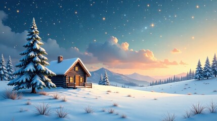 Fototapeta premium Serene Winter Cabin Retreat at Sunset with Snowy Pines and Starry Sky