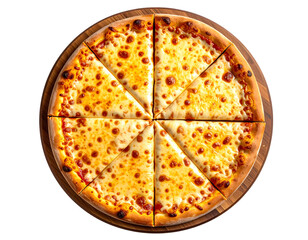 Freshly Baked Cheese Pizza Slices on Wooden Serving Board, Isolated on Transparent Backgroun