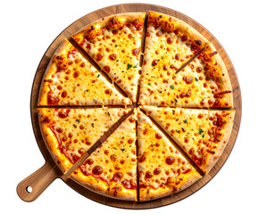  Freshly Baked Cheese Pizza Slices on Wooden Serving Board, Isolated on Transparent Background”