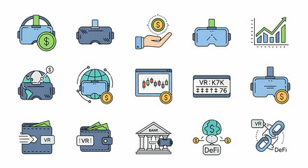 Virtual Reality and Cryptocurrency Icons Set.