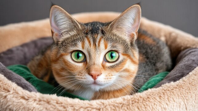 A graceful cat with striking green eyes rests comfortably in an elegant pet bed on a cozy sofa, illuminated by soft studio lighting