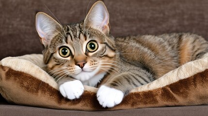A charming cat relaxes comfortably in a luxurious pet bed on a cozy sofa, basking in the warmth of natural light