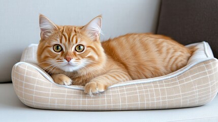 A serene cat lounging comfortably in a cozy pet bed on a stylish sofa, basking in the warm glow of natural sunlight
