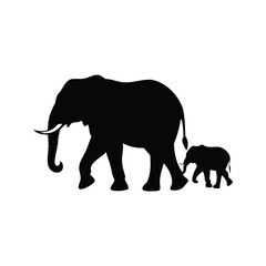 Fototapeta premium Silhouette of an elephant mother walking with her baby elephant calf, elephant mother and baby walking silhouette vector illustration