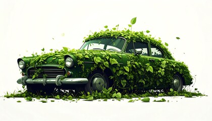 A vintage car, covered entirely in vibrant green leaves, stands isolated against a clean white background