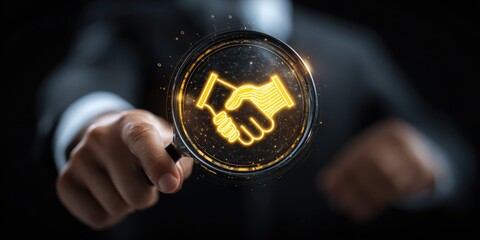 Businessman holding magnifying glass; glowing handshaking icon
