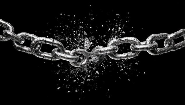 Shattered metal chain on black background
