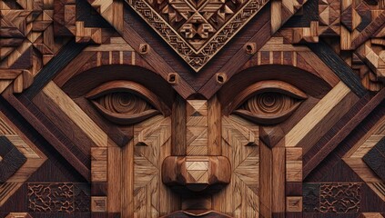 Wood-carved face mosaic