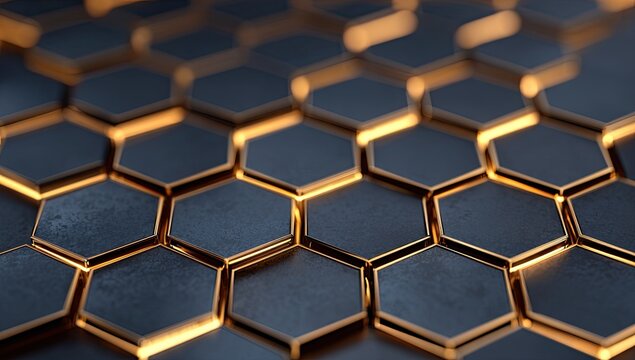 Abstract geometric pattern of dark hexagonal tiles with golden highlights