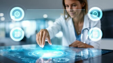 A woman in a white coat uses a high tech transparent touchscreen displaying digital medical data. The scene highlights innovation, digital transformation, and the future of healthcare and diagnostics - Powered by Adobe