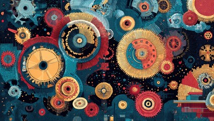 Abstract design of interlocking gears and circles in vibrant colors