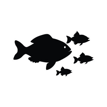 Black silhouettes of fish with a large one and three smaller ones, fish chasing smaller fish silhouette vector illustration