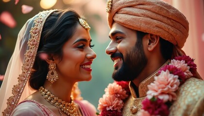 Indian newlyweds, bride, groom, wear ornate wedding attire, jewelry. Share joyful moment, adorned with floral garlands during ceremony, celebrating union with bright smiles, traditional headwear.