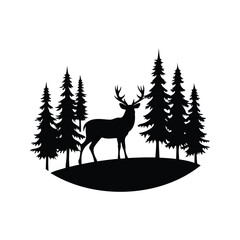 Elegant silhouette of a deer standing amidst evergreen trees in the woods, forest with deer silhouette vector illustration