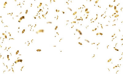 Shiny gold confetti and glitter fall on transparent background, festive sparkle design. for celebration invitations, greeting cards or party overlays.