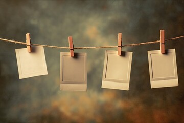Four blank instant photos hanging on a clothesline