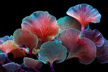 Vibrant fungi cluster against black background