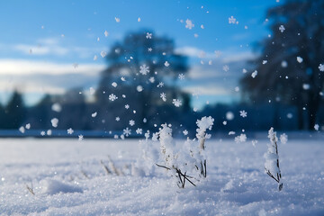 Snow Crystals Falling Over Frosty Plants in Winter Landscape