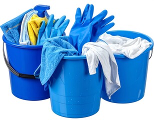 Three blue buckets are filled with cleaning supplies. Includes gloves, cloths, and spray bottle. Everything is clean and ready