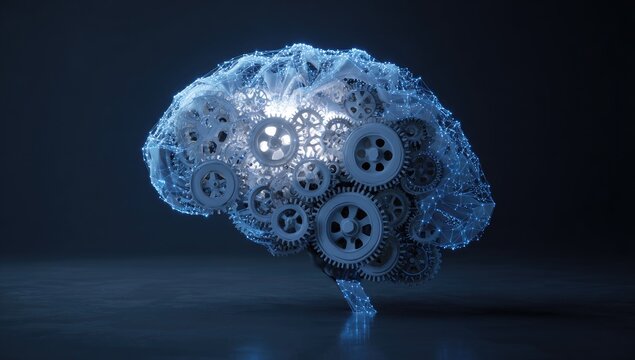 3D brain with gears, glowing light - Powered by Adobe