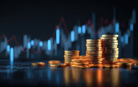 Stacks of golden coins on a dark surface with financial charts (1)