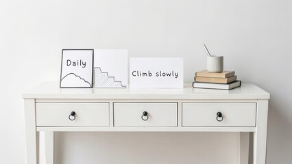 White Desk with Handwritten Motivation Climb Slowly Message