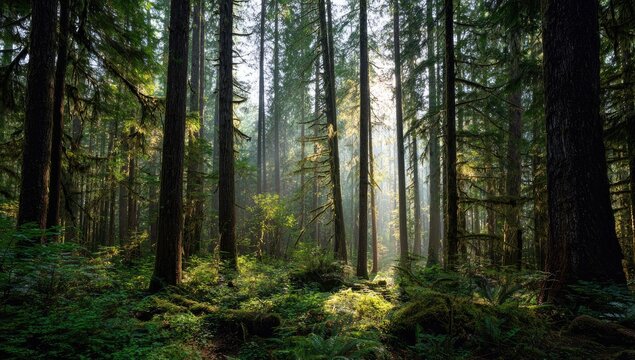 Sunlight streams through a dense forest (1)