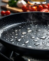 Close up of a black frying pan with water droplets and blurred tomatoes and garlic in background